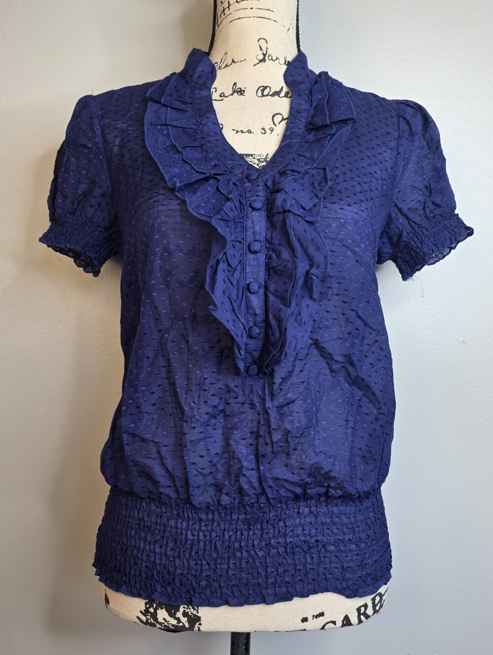 Esley Navy Blue Ruffled Short-Sleeve Blouse Nwt Sz M